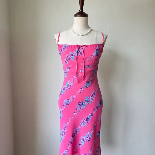 [BUNJANG] Pink Floral Ribbon Strap Dress / 세일)핑크 보라꽃 원피스