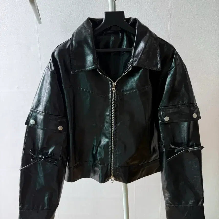 [BUNJANG] Ribbon Detail Leather Jacket / 리본 레더 자켓