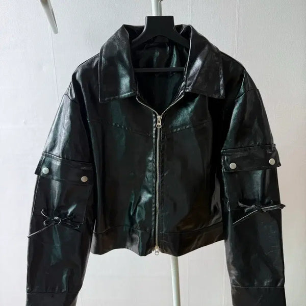 [BUNJANG] Ribbon Detail Leather Jacket / 리본 레더 자켓
