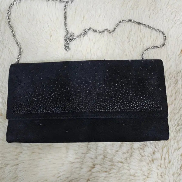 [BUNJANG] Black Suede Jewel Chain Clutch Bag / 블랙 스웨이드 보석 체인 클러치