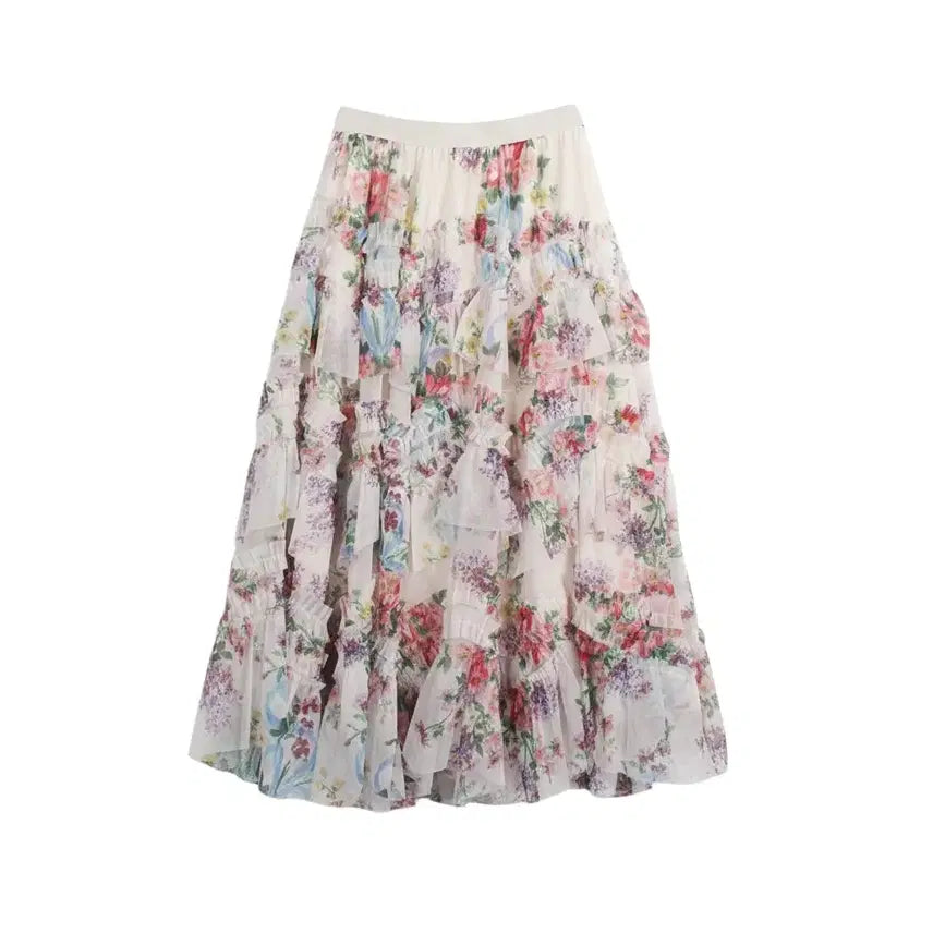 [BUNJANG] Women's Ivory Floral Tiered Skirt / 여성F/ 아이보리 플로럴 캉캉스커트 23-93