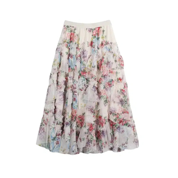 [BUNJANG] Women's Ivory Floral Tiered Skirt / 여성F/ 아이보리 플로럴 캉캉스커트 23-93