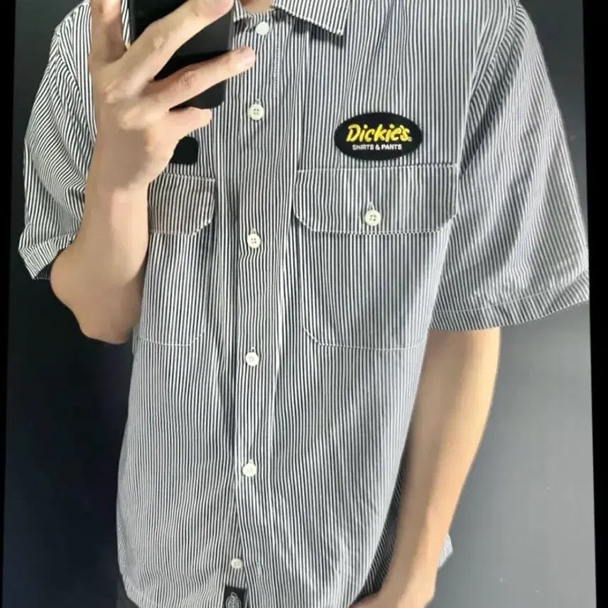 [BUNJANG] Dickies Patchwork Stripe Short Sleeve Work Shirt M / 디키즈 패치워크 스트라이프 반팔 워크 셔츠 M 95 스트릿 펑크 오픈카라
