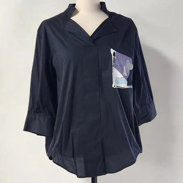 [BUNJANG] Cresong Prestige Black Art 7-Sleeve Blouse Shirt (Size 55) / 크레송 프레스티지 아트를 품은 블랙 칠부 셔츠 블라우스 55