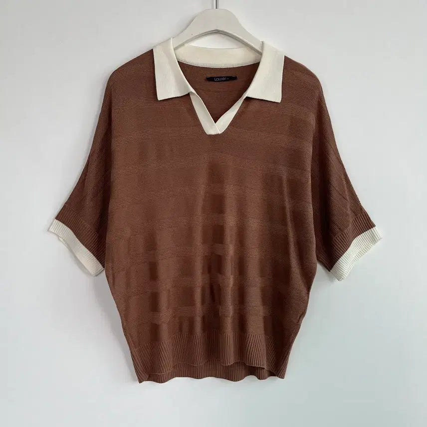 [BUNJANG] Laurel Beige Stripe Knit Polo Shirt / Laurel 95(77) 베이지 스트라이프 니트 폴로티