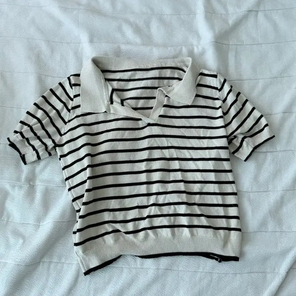 [BUNJANG] Stripe Collar Short Sleeve Knit / 스트라이프 카라 반팔 니트