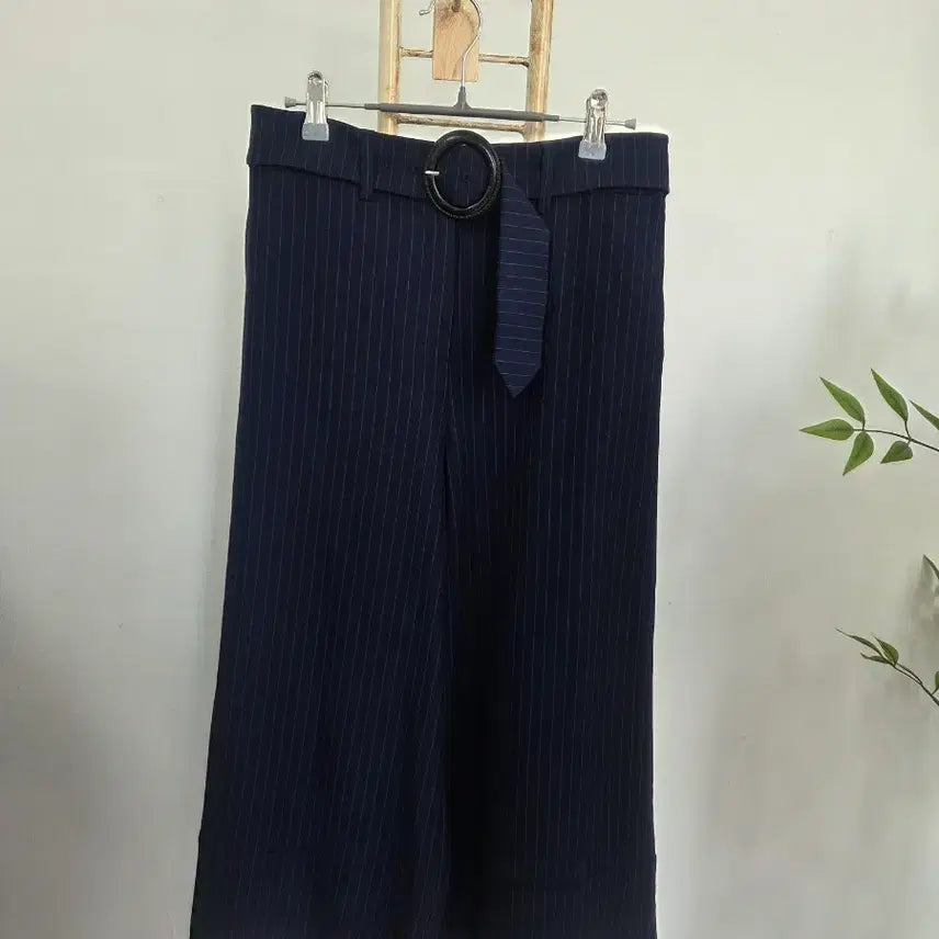 [BUNJANG] Tiren Striped Wide-Leg Belted Trousers / 티렌 세로줄무늬 와이드 벨트바지