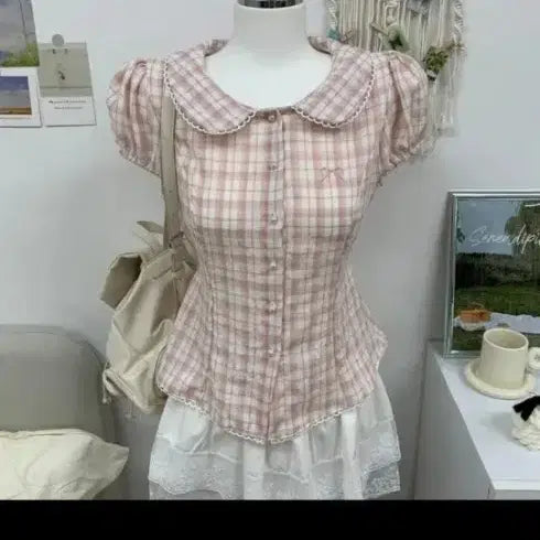 [BUNJANG] Check Pattern Short-Sleeve Blouse Pink Shirt / 체크 반팔 블라우스 핑크셔츠새거
