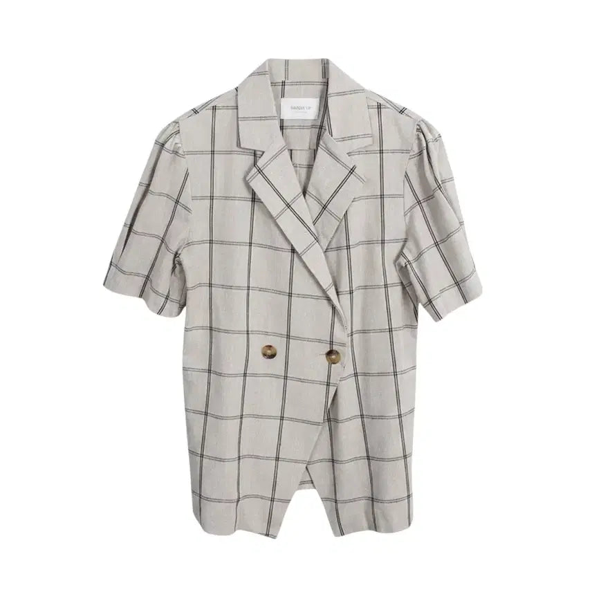 [BUNJANG] Women's Linen-Feel Check Short Sleeve Jacket IV / 여성F/ 드레스업 린넨느낌 체크 반팔자켓IV 23-115