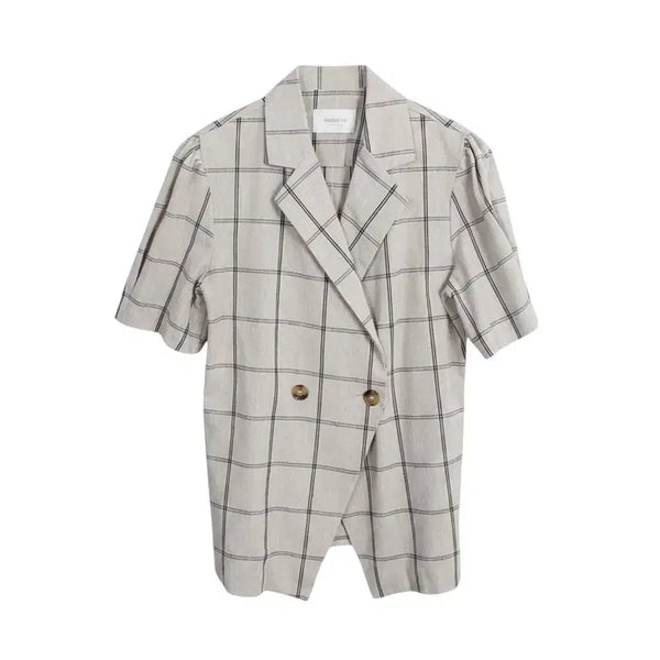 [BUNJANG] Women's Linen-Feel Check Short Sleeve Jacket IV / 여성F/ 드레스업 린넨느낌 체크 반팔자켓IV 23-115