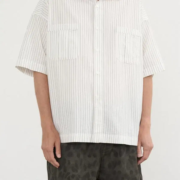 [BUNJANG] M Narrow Stripe Roll-up Half Shirt Off-White / [M] 내로우 스트라이프 롤업 하프 셔츠 오프 화이트