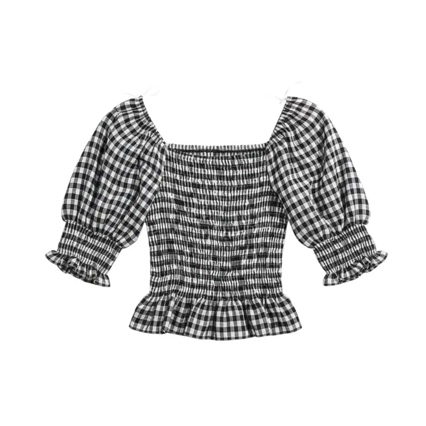 [BUNJANG] Women's Checkered Pattern Square Neck Shirring Blouse / 여성F/ 체크패턴 스퀘어넥 셔링블라우스 25-91