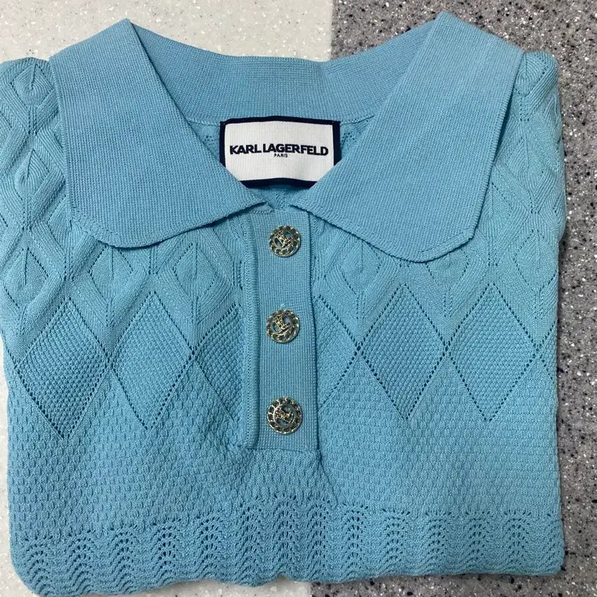 [BUNJANG] Karl Lagerfeld Short-Sleeve Collar Knit Blue (New) / 칼 라거펠트 반팔카라니트 블루 (새상품)