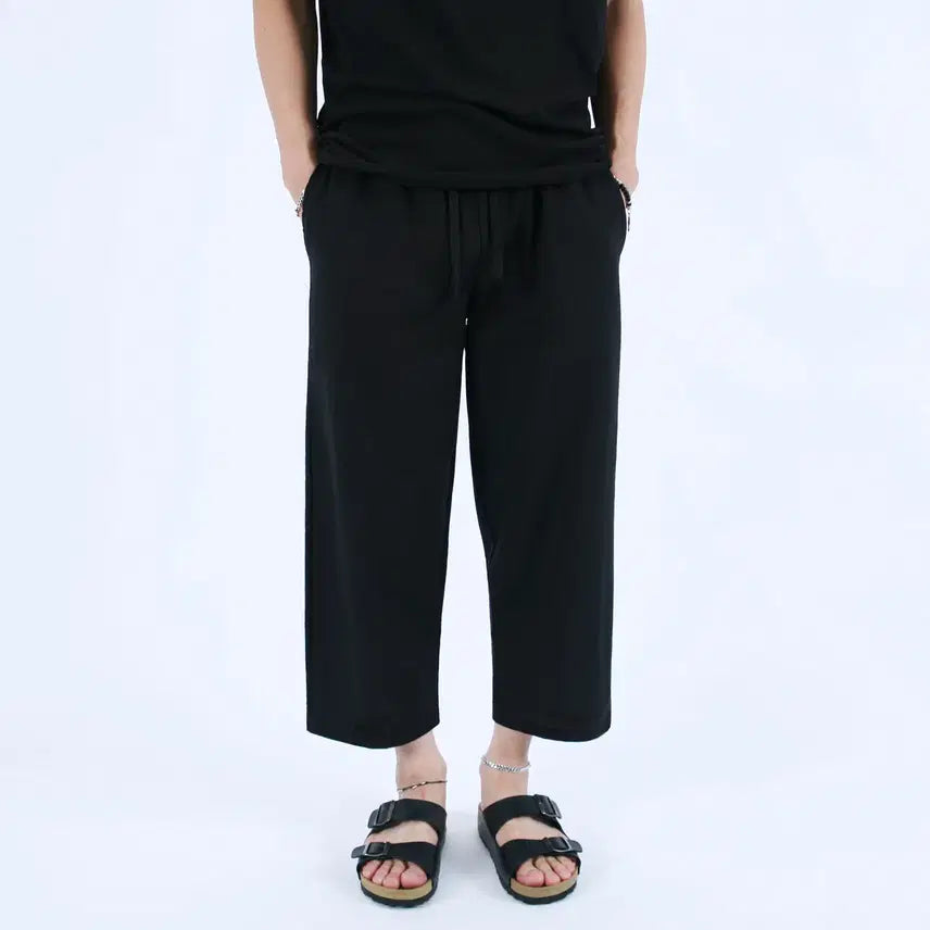[BUNJANG] ROLF Men's Wide-Leg Banding Pants / 롤프 남자 남성 와이드팬츠 통큰바지 9부바지 밴딩바지 끈 블랙 검정 기본