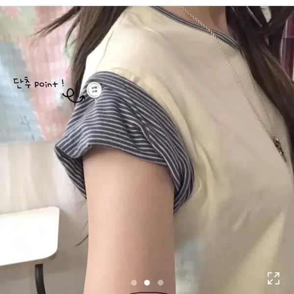 [BUNJANG] Striped Roll-Up Layered T-Shirt / 스트라이프 롤업 레이어드 일체형 반팔티셔츠