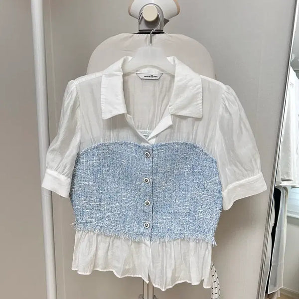 [BUNJANG] ROEM White Color Block Tweed Blouse / 로엠 화이트 배색 트위드 블라우스