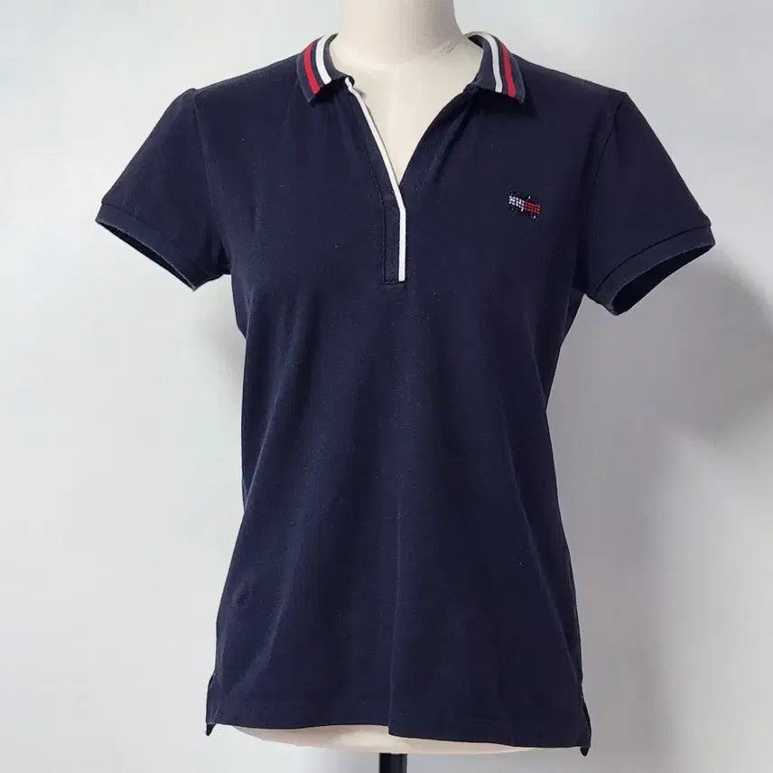 [BUNJANG] Tommy Hilfiger Cubic Logo Short Sleeve Polo Shirt Navy Women's L / 타미힐피거 정품 큐빅 로고 반팔 카라티 네이비 여성 L