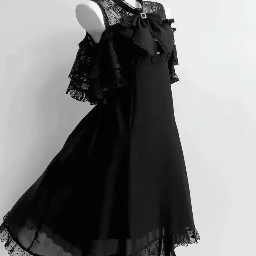 [BUNJANG] Gothic Lolita Punk Black Lace Ribbon Off-Shoulder Dress / 고스로리 고딕 펑크 블랙 레이스 리본 오프숄더 원피스