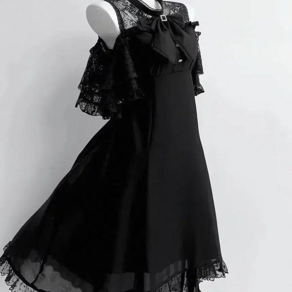 [BUNJANG] Gothic Lolita Punk Black Lace Ribbon Off-Shoulder Dress / 고스로리 고딕 펑크 블랙 레이스 리본 오프숄더 원피스