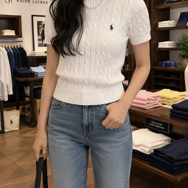 [BUNJANG] Polo Ralph Lauren Women's Cable Knit Short Sleeve Knit Top / 폴로 랄프로렌 여성 꽈배기 반팔니트 진짜이쁨