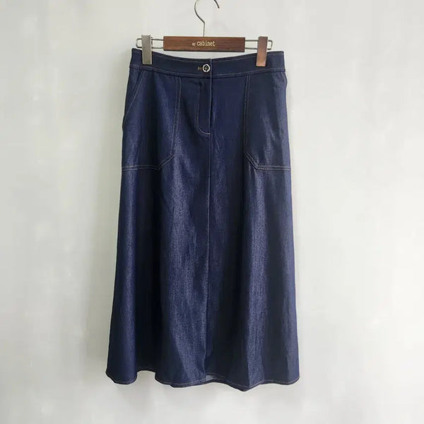 [BUNJANG] Soos A-Line Denim Long Skirt / 수스 뒷밴딩 청치마 A라인 롱스커트 55사이즈