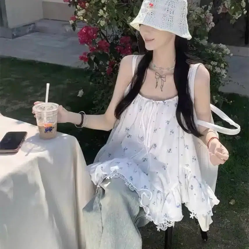 [BUNJANG] Floral Lace Frill Camisole / 꽃무늬 레이스 프릴 나시 / 데일리 캐주얼 러블리 빈티지 y2k