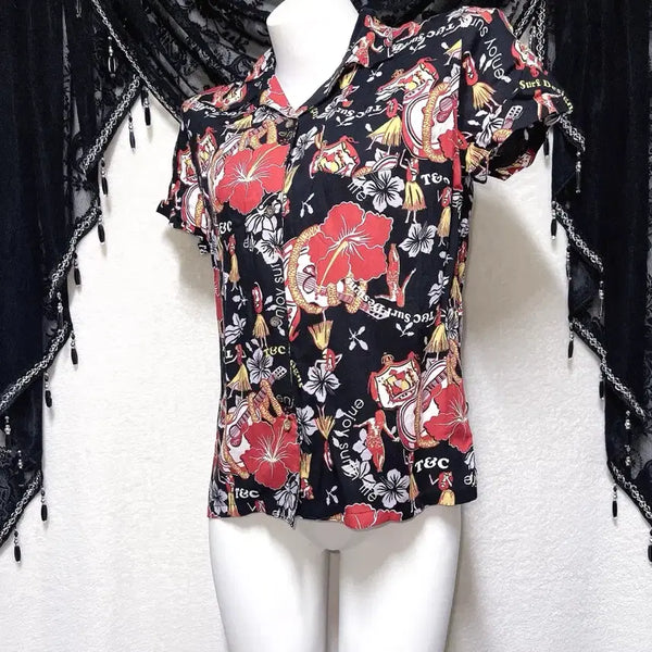 [BUNJANG] Higgcal Hawaiian Hibiscus Short-Sleeve Shirt / 히글깔 하와이안 히비스커스 반팔셔츠 오리엔탈 펑크 갸루 핀터 휴양지 비치