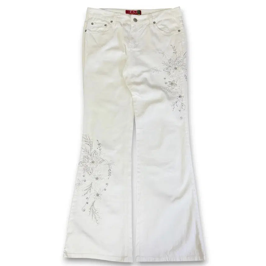 [BUNJANG] Vintage Floral Embroidered Rhinestone White Bootcut Pants / (27) 빈티지 플라워자수 라인스톤 화이트 부츠컷팬츠