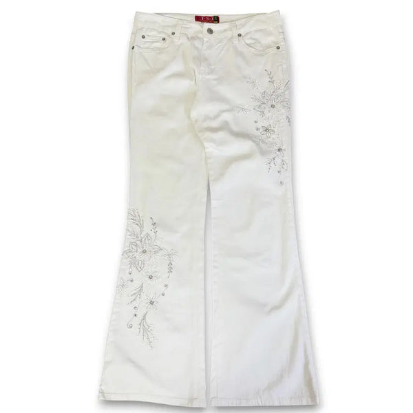 [BUNJANG] Vintage Floral Embroidered Rhinestone White Bootcut Pants / (27) 빈티지 플라워자수 라인스톤 화이트 부츠컷팬츠