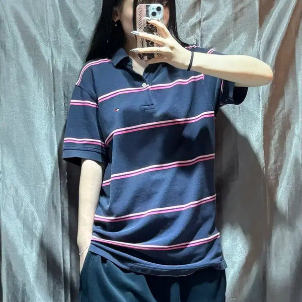 [BUNJANG] Tommy Hilfiger Navy Pink Stripe Short Sleeve Polo Shirt / S 타미힐피거 네이비 핑크 스트라이프 PK 반팔