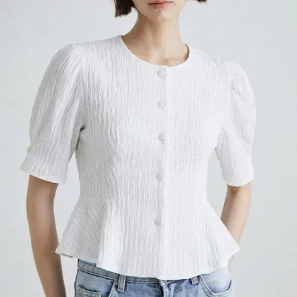 [BUNJANG] The IZZAT Puff Sleeve Peplum Blouse / 더아이잗 퍼프 슬리브 페플럼 블라우스