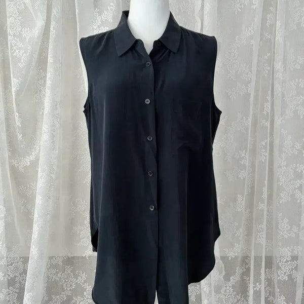[BUNJANG] Theory 100% Silk Sleeveless Blouse Navy / L) 띠어리 실크 100 민소매 블라우스 셔츠 네이비