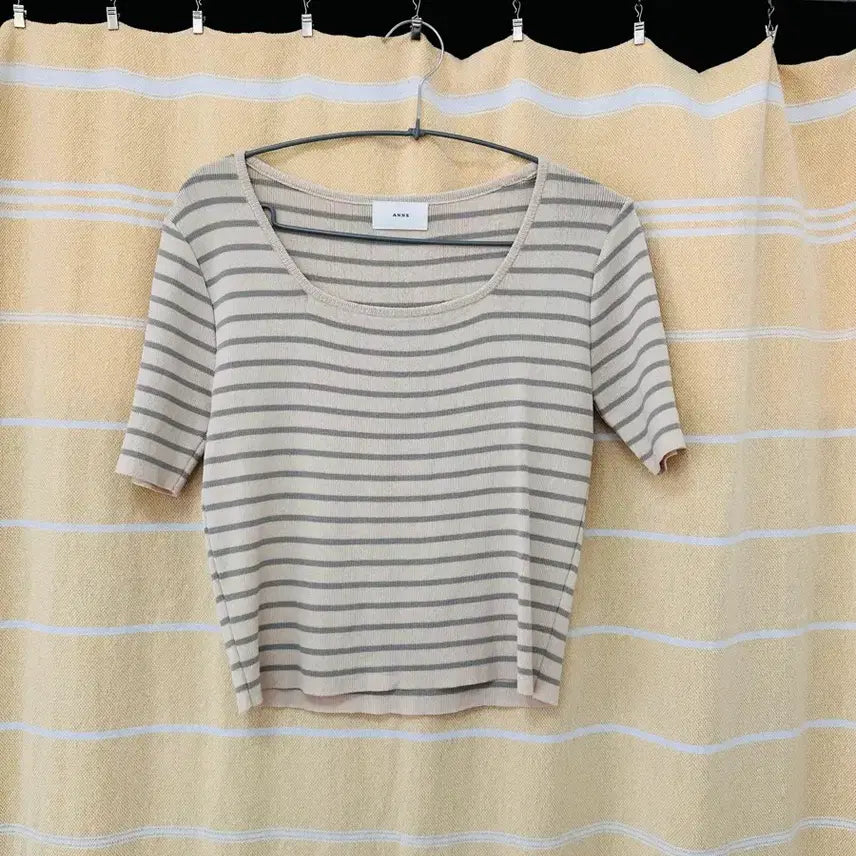 [BUNJANG] Cropped Stripe Short Sleeve Knit Top / 크롭 스트라이프 반팔 니트티