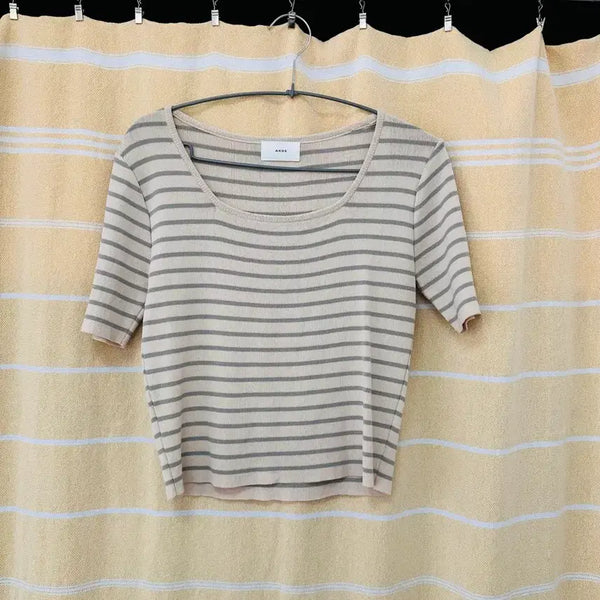 [BUNJANG] Cropped Stripe Short Sleeve Knit Top / 크롭 스트라이프 반팔 니트티
