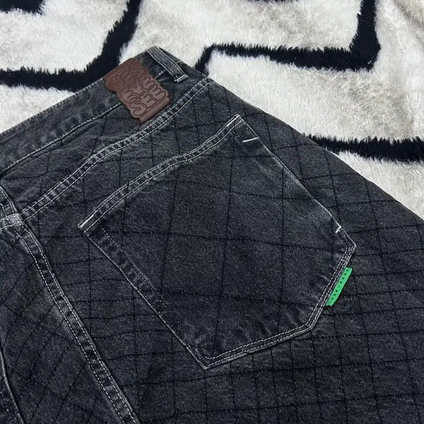 [BUNJANG] YES I SEE Quilting Pattern Wide Denim Pants - Black Denim / [L]예스아이씨 퀄팅패턴 와이드 데님팬츠/흑청