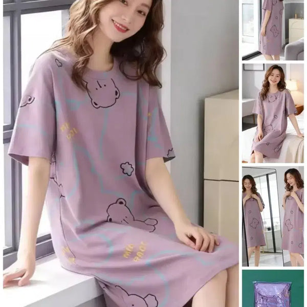 [BUNJANG] Lavender Bear Pattern Pajama & Loungewear Dress / 라벤더색 잠옷 & 실내복 원피스