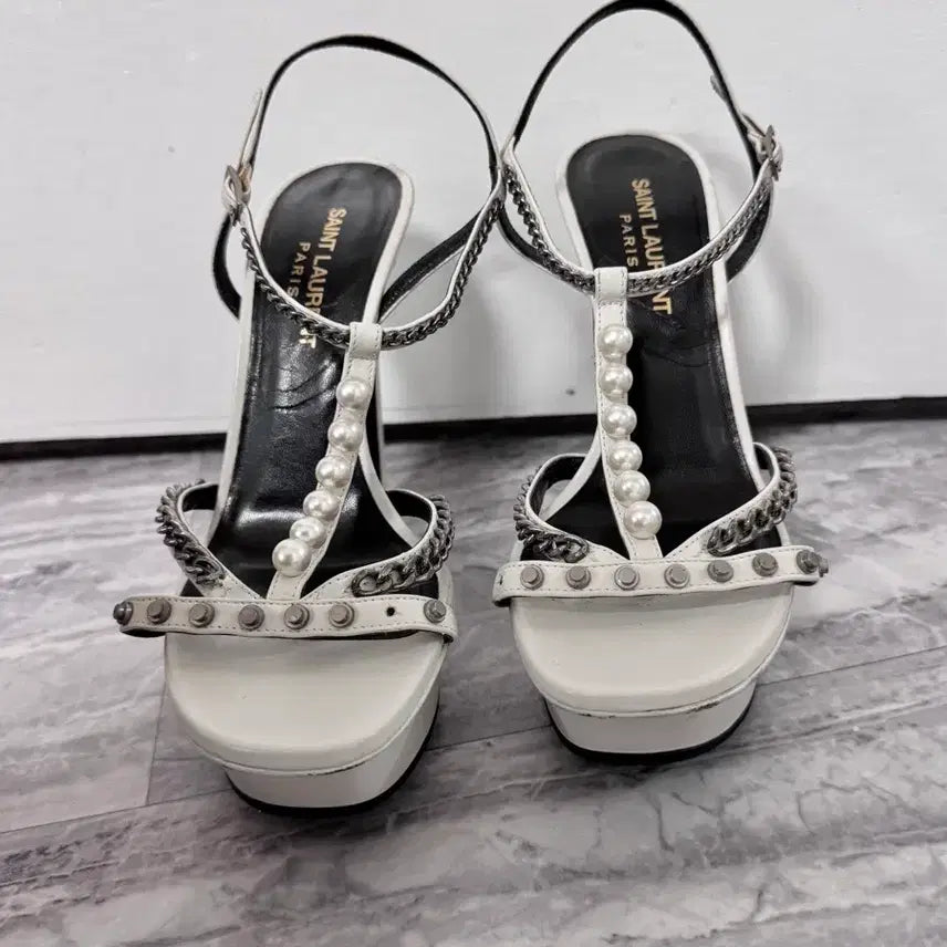 [BUNJANG] Saint Laurent Pearl Chain Heeled Sandals / [정품]생 로랑 진주 체인 샌들 힐