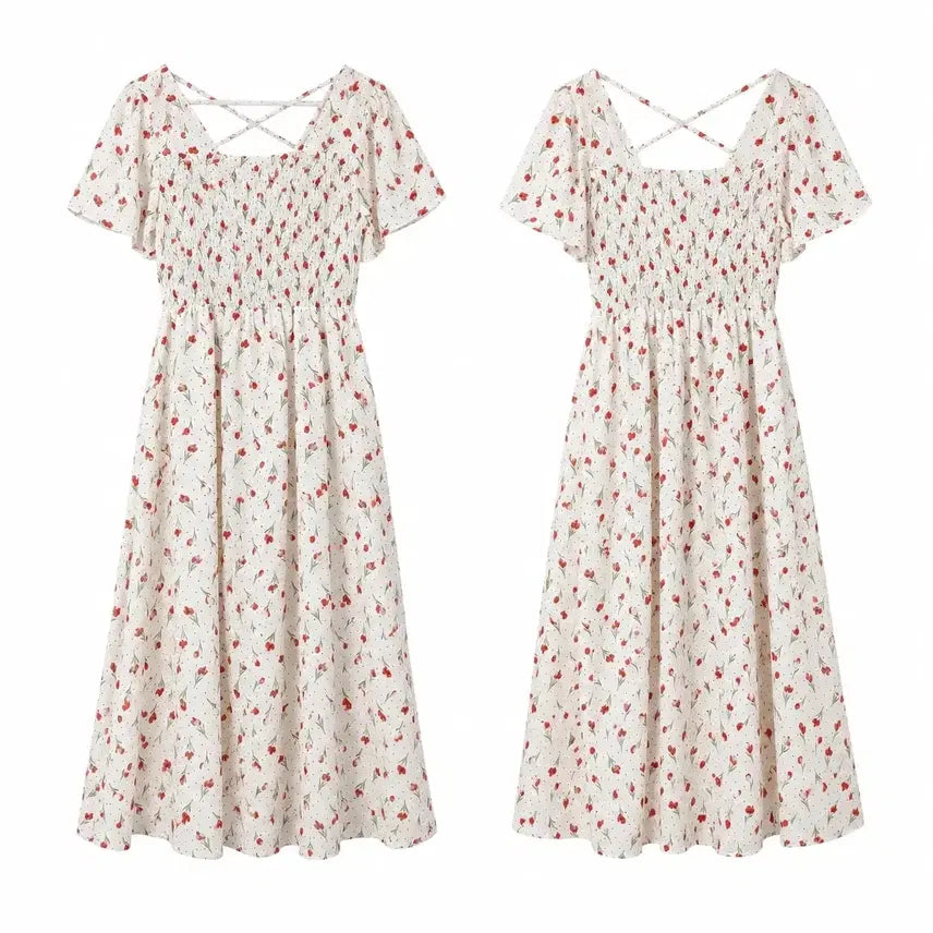 [BUNJANG] Red Flower Smocking Banding Dress / 여S 레드 플라워 포인트 스모킹 밴딩 원피스