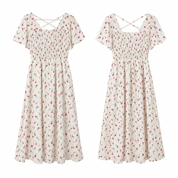 [BUNJANG] Red Flower Smocking Banding Dress / 여S 레드 플라워 포인트 스모킹 밴딩 원피스