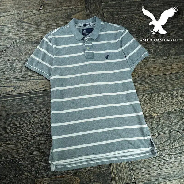 [BUNJANG] American Eagle Logo Embroidered Vintage Stripe Polo Shirt Grey / 아메리칸이글 로고 자수 빈티지 스트라이프 카라티 그레이 M21580