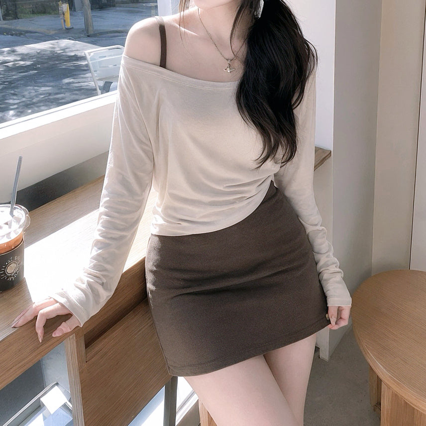 [BUNJANG] Airimood Brown Halterneck Mini Dress & Beige Off-Shoulder Long Sleeve Top Set (Sample) / 에어리무드 촬영샘플 오프숄더 미니원피스 세트