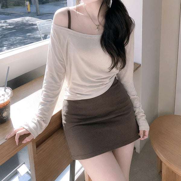 [BUNJANG] Airimood Brown Halterneck Mini Dress & Beige Off-Shoulder Long Sleeve Top Set (Sample) / 에어리무드 촬영샘플 오프숄더 미니원피스 세트
