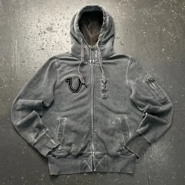 [BUNJANG] True Religion Stonewashed American Flag Zip-Up Hoodie / 95 트루릴리전 스톤워싱 성조기 후드집업