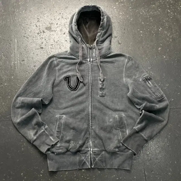 [BUNJANG] True Religion Stonewashed American Flag Zip-Up Hoodie / 95 트루릴리전 스톤워싱 성조기 후드집업