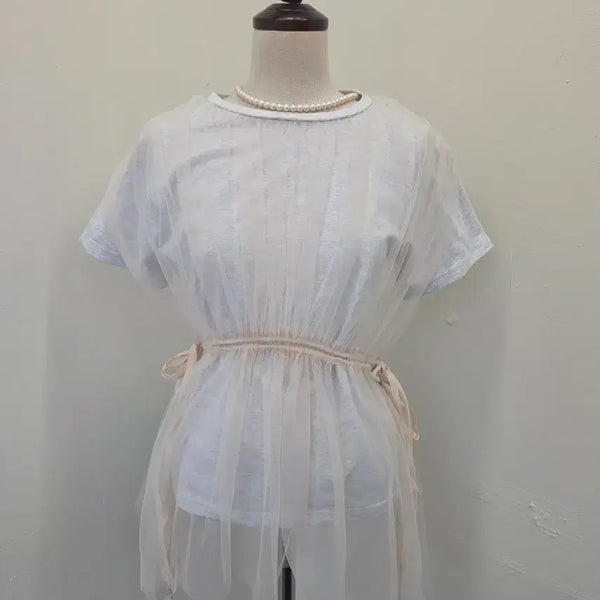 [BUNJANG] Lace See-Through Layered T-Shirt / 레이스 시스루 레이어드 티셔츠