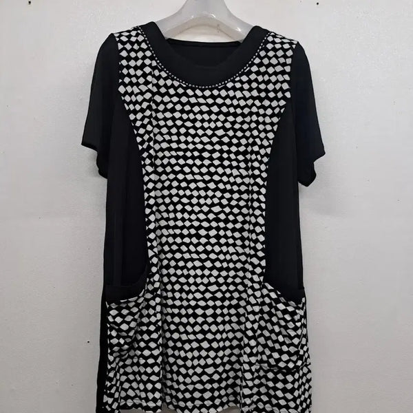 [BUNJANG] Black Patterned Short Sleeve T-Shirt / 반팔 롱티셔츠100