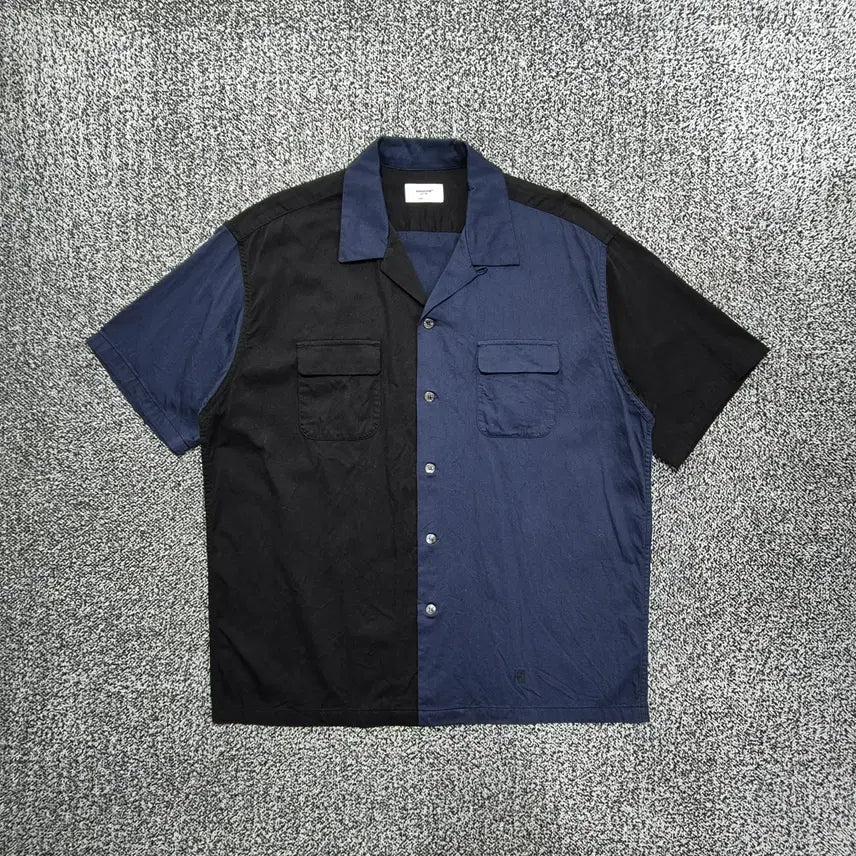 [BUNJANG] Espionage Half-Color Block Open Collar Short Sleeve Shirt / 빈티지9. 에스피오나지 하프배색 오픈카라 반팔 셔츠