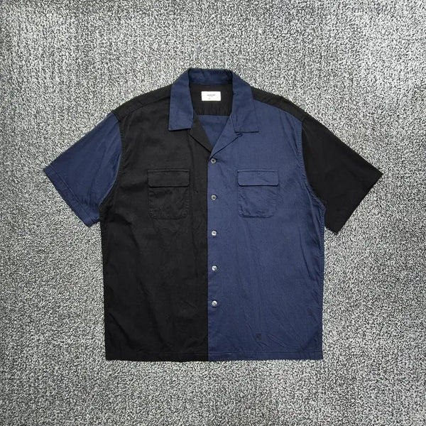 [BUNJANG] Espionage Half-Color Block Open Collar Short Sleeve Shirt / 빈티지9. 에스피오나지 하프배색 오픈카라 반팔 셔츠