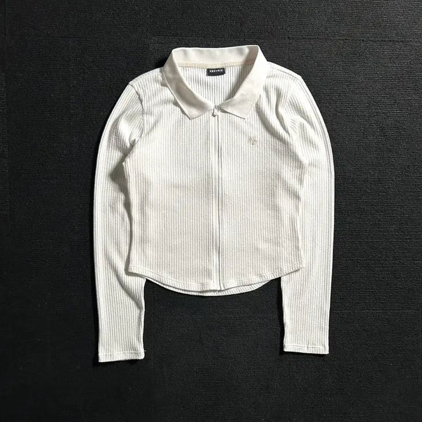 [BUNJANG] Xexymix White Ribbed Collar Zip-up Cropped Top / 젝시믹스 화이트 골지 카라 집업