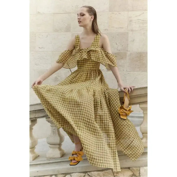 [BUNJANG] Lucky Chouette Check Square Neck Dress / 럭키슈에뜨 체크 스퀘어넥 원피스 568000